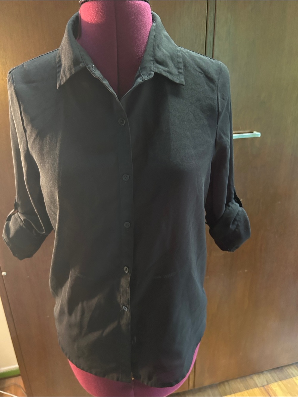 Faded Glory Black Button-Down Roll-Sleeve Shirt